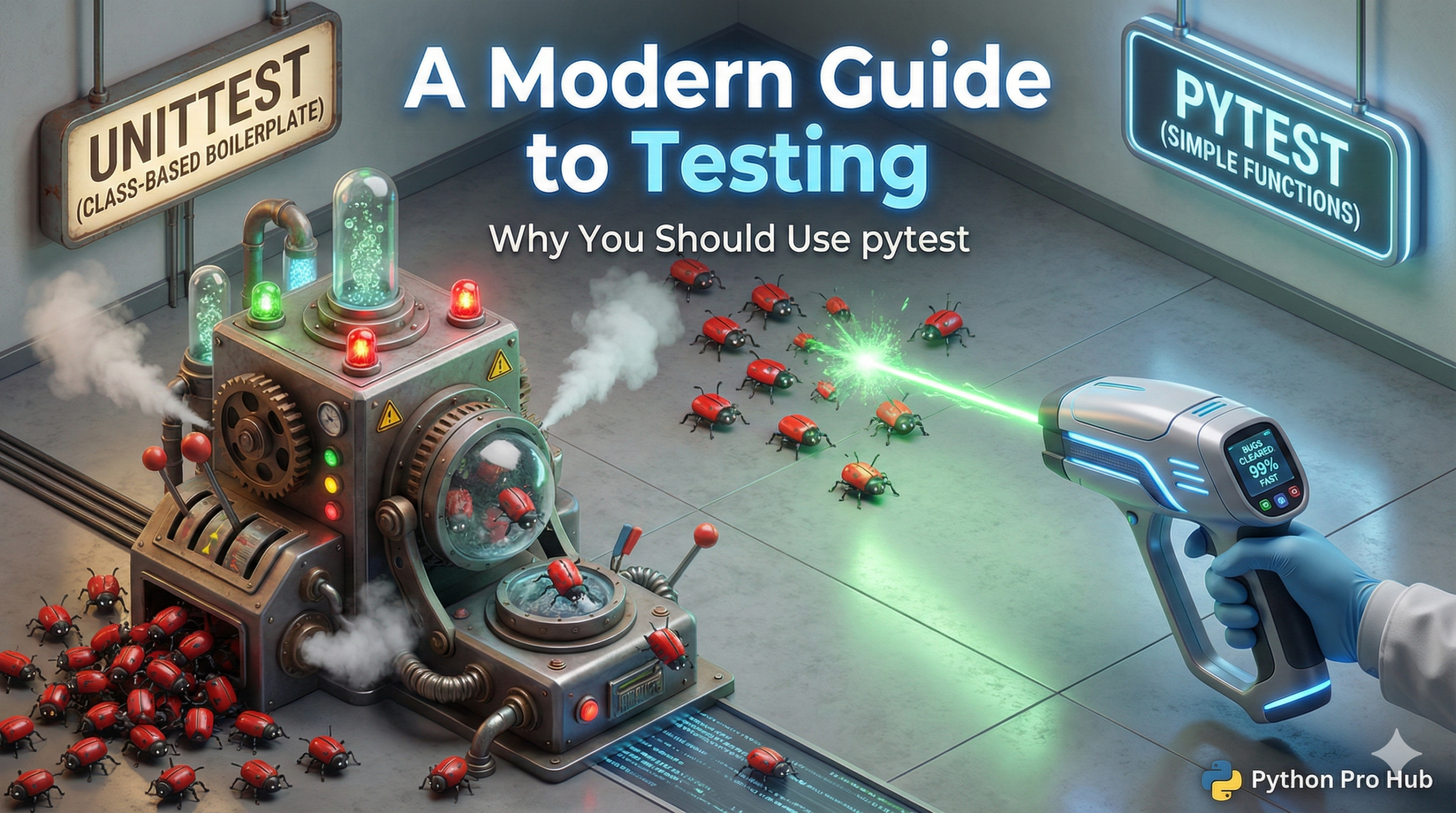 3D isometric comparison of a heavy, complex machine versus a sleek, modern scanner, representing unittest vs Python pytest guide.