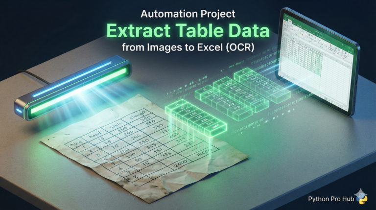 3D visualization of a scanner converting a paper table into floating Excel cells, representing OCR table extraction.