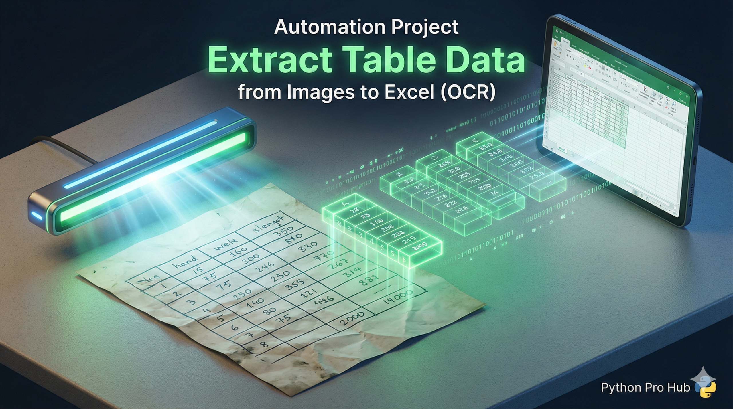 3D visualization of a scanner converting a paper table into floating Excel cells, representing OCR table extraction.