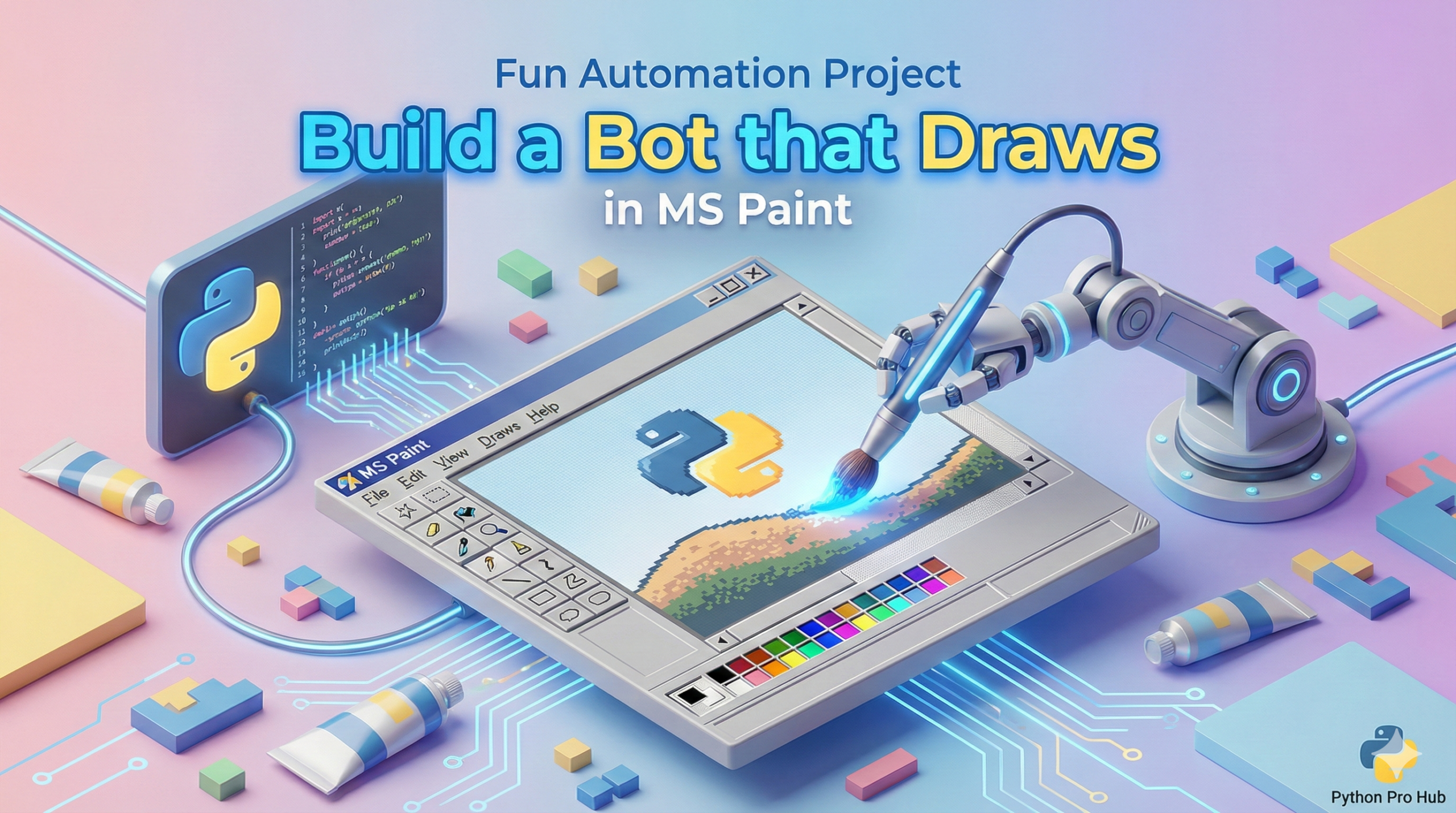 3D visualization of a robotic arm painting a masterpiece in MS Paint, representing a Python drawing bot as PyAutoGUI Project.
