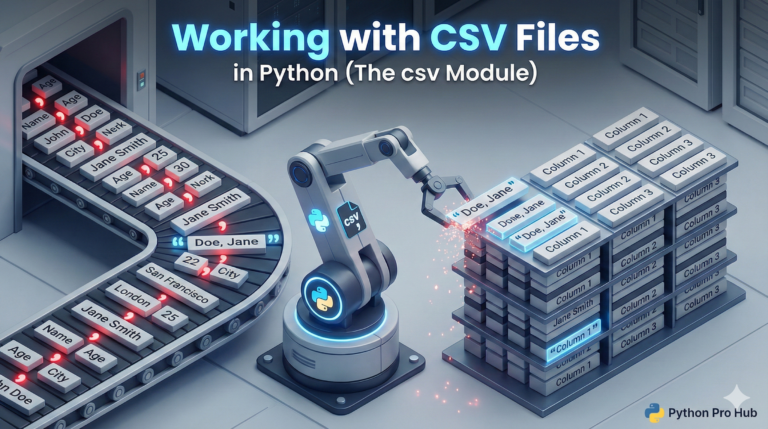3D isometric illustration of a machine organizing text blocks separated by commas into a table, representing Python's CSV module.