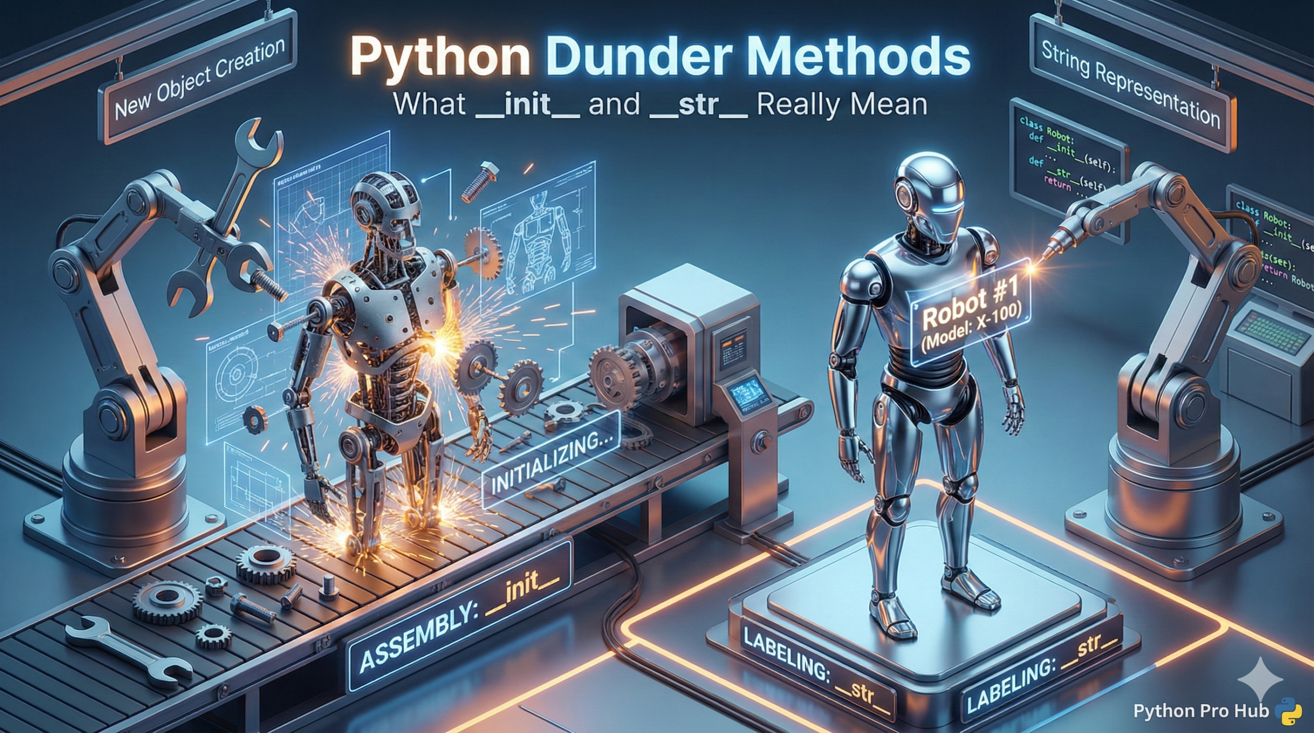 3D isometric illustration of a robot being built (init) and labeled (str), representing Python magic methods.