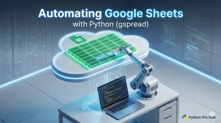 3D visualization of a robotic arm writing data into a floating cloud spreadsheet, representing Google Sheets automation with Python.