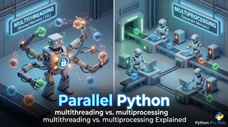 3D isometric comparison of a single multi-armed robot (threading) versus multiple independent robots (multiprocessing). Python multithreading vs multiprocessing