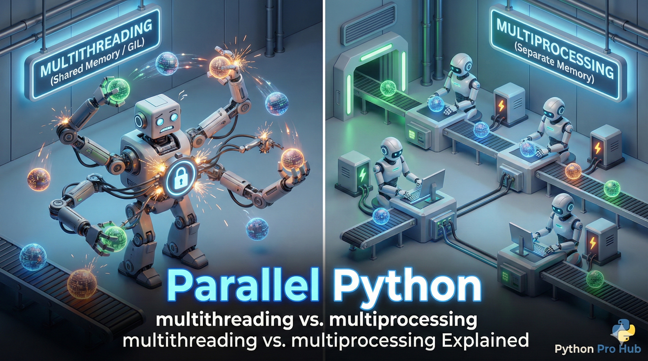 3D isometric comparison of a single multi-armed robot (threading) versus multiple independent robots (multiprocessing). Python multithreading vs multiprocessing
