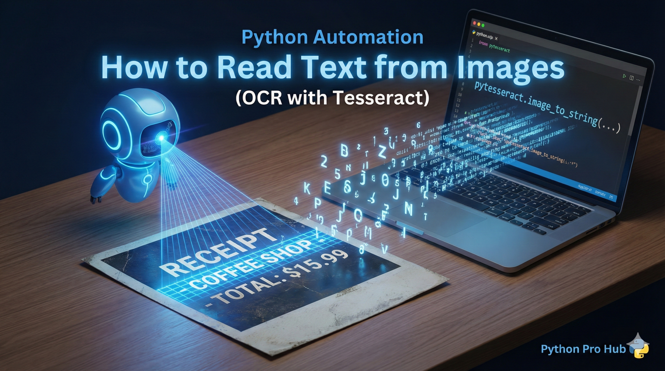 3D visualization of a laser scanner extracting glowing text from a physical photo, representing Python OCR.