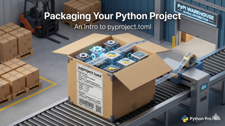 3D visualization of a code project box being labeled with a pyproject.toml manifest for shipping.