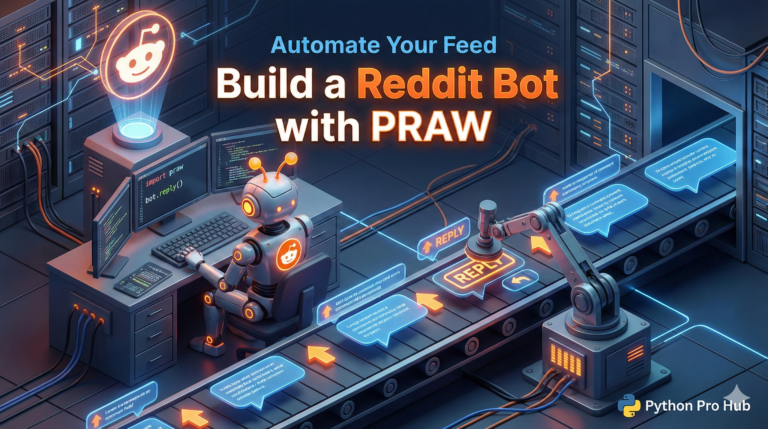 3D visualization of a robot managing a stream of Reddit comments and upvotes, representing a Python PRAW bot.