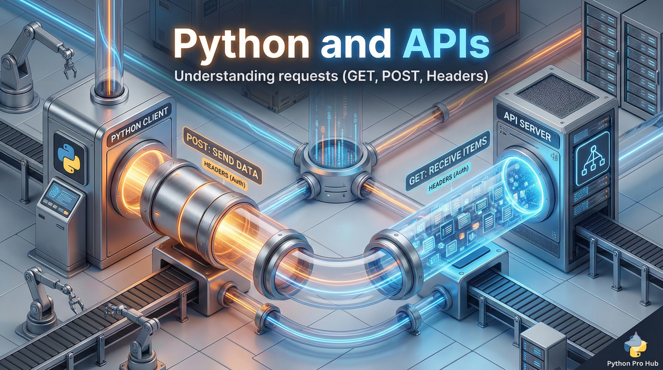 3D visualization of capsules traveling between stations, representing HTTP GET and POST Python requests guide.