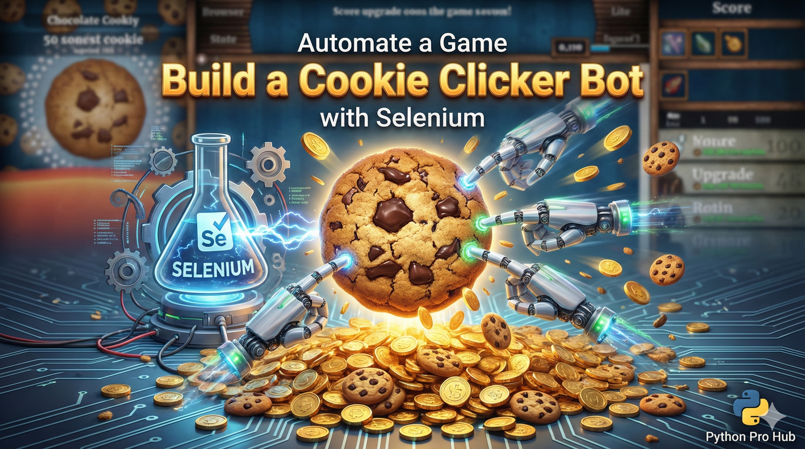 3D visualization of robotic fingers rapidly clicking a giant cookie, representing a Selenium game bot.