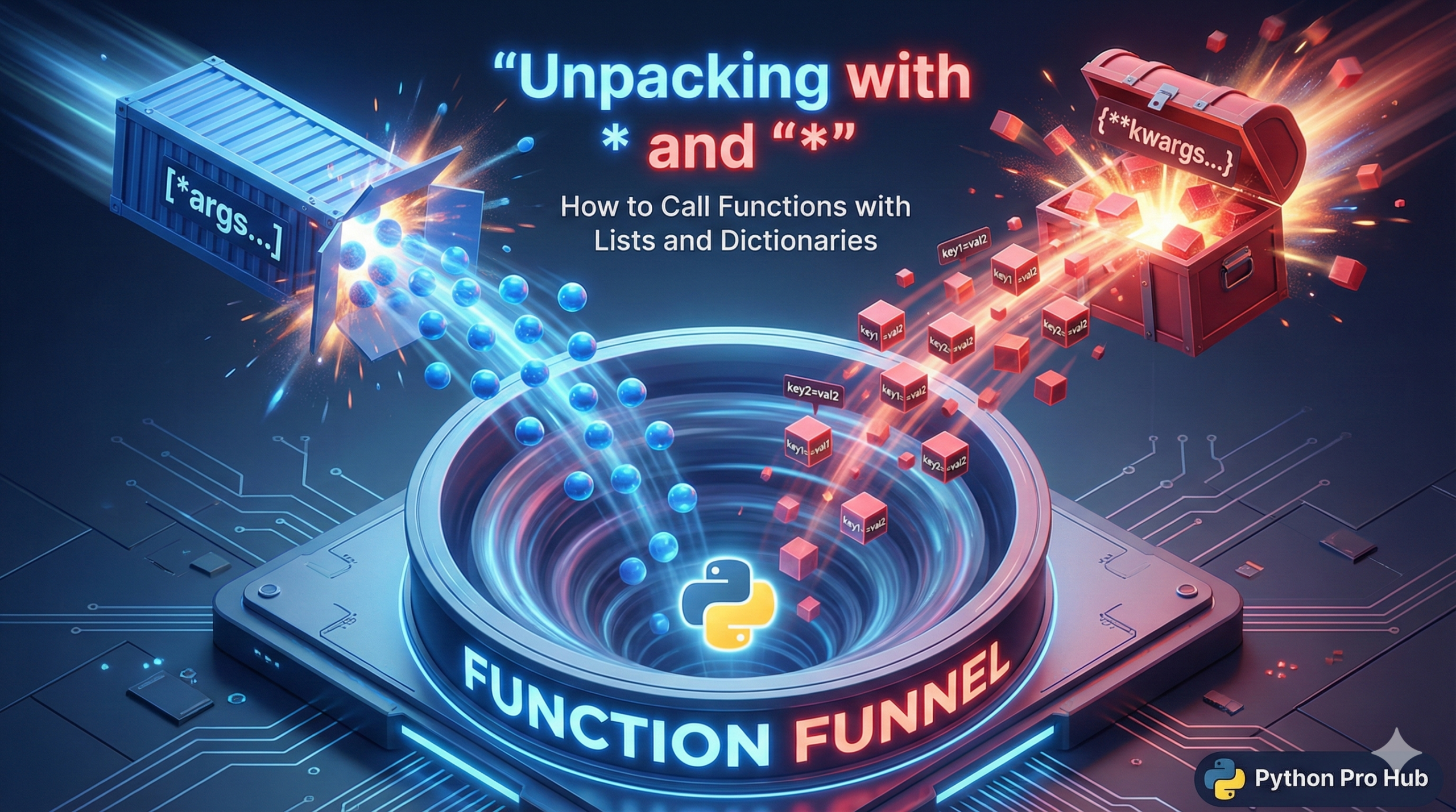 3D illustration of crates bursting open to release individual items into a function funnel, representing Python argument unpacking.