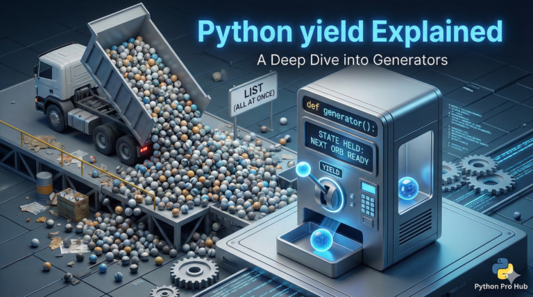 3D visualization of a machine dispensing items one by one versus a truck dumping everything, representing Python Generators vs Lists.