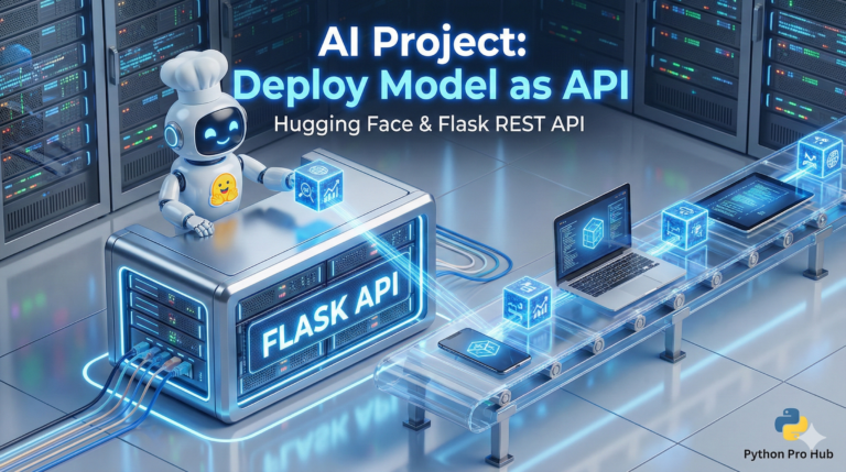 3D isometric illustration of a Hugging Face robot on a Flask server rack handing data cubes to client devices, representing API deployment.