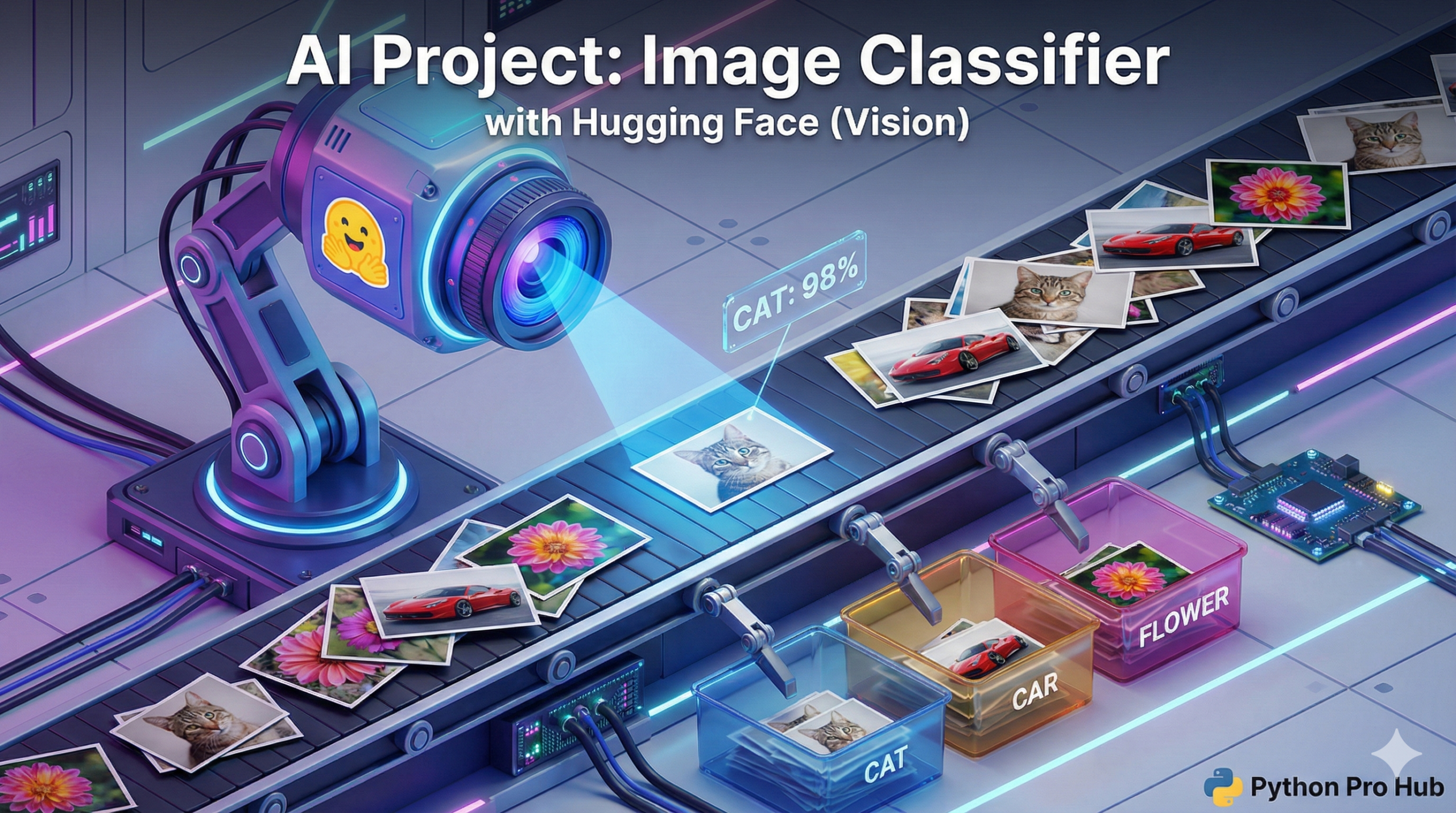 3D isometric illustration of a robotic eye scanning photos and sorting them into categories, representing an Hugging Face Image Classification.
