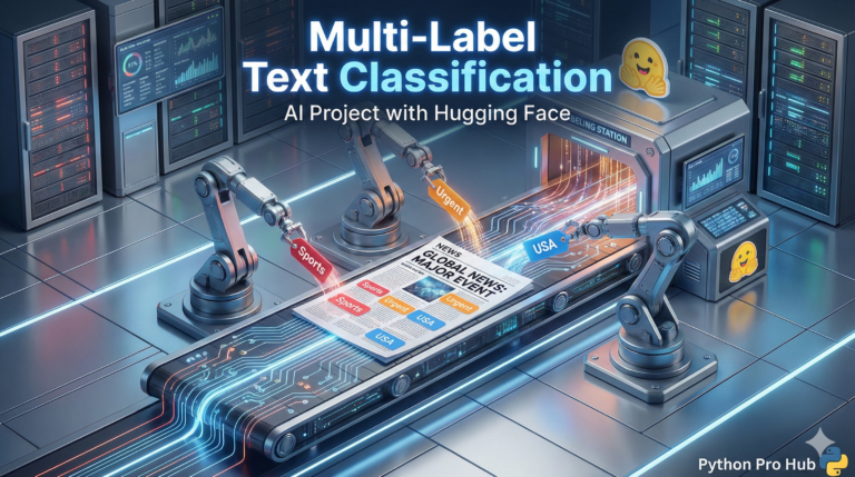 3D isometric illustration of a document receiving multiple category tags simultaneously from robotic arms, representing multi-label classification.