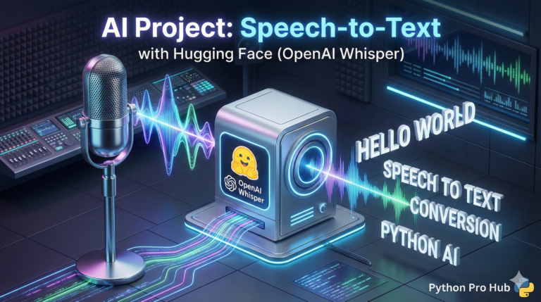 3D isometric illustration of sound waves entering a machine and exiting as 3D text, representing AI speech-to-text conversion.