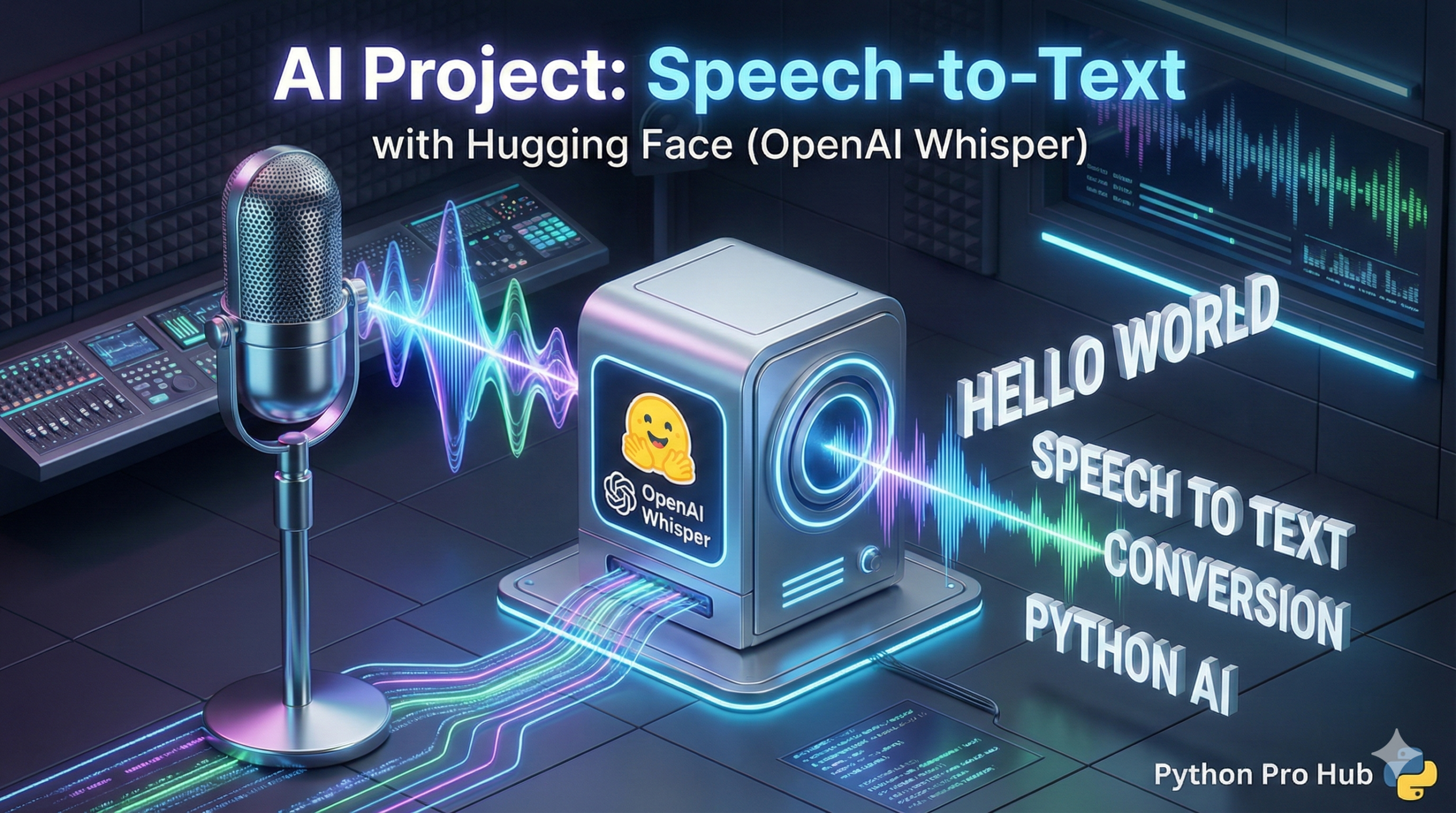3D isometric illustration of sound waves entering a machine and exiting as 3D text, representing AI speech-to-text conversion.