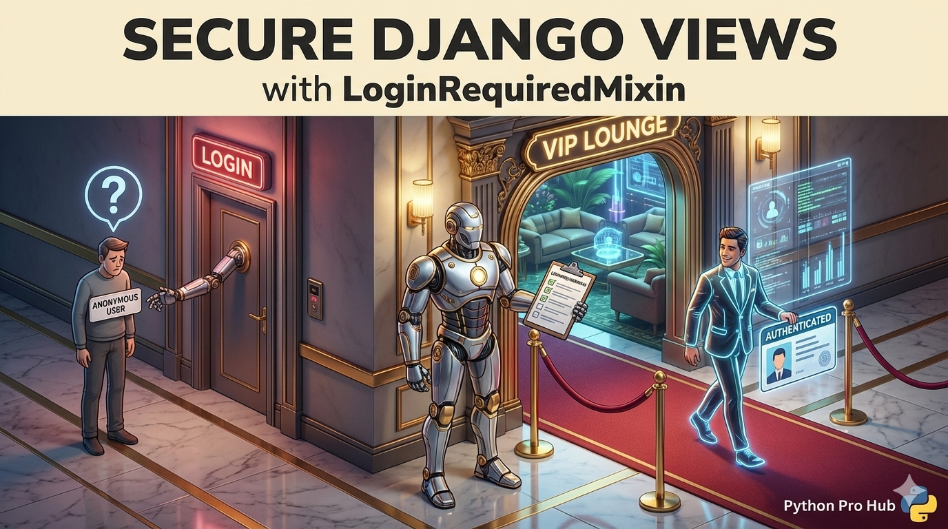 3D isometric illustration of a bouncer checking IDs at a VIP entrance, representing the Django LoginRequiredMixin.