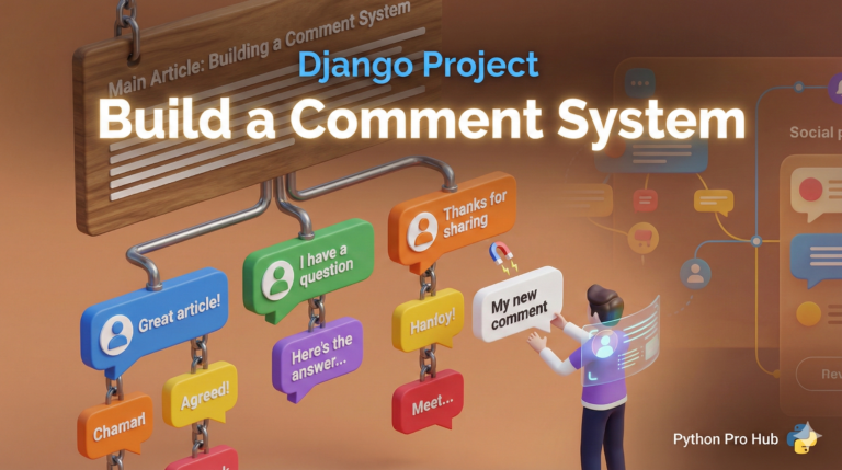 3D visualization of speech bubbles hanging in a threaded hierarchy from a main post, representing a Django comment system.