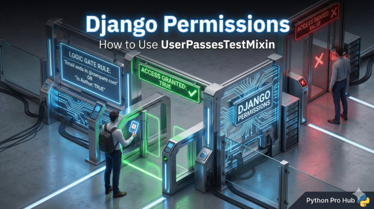 3D isometric illustration of a security gate checking specific badge attributes, representing Django UserPassesTestMixin.