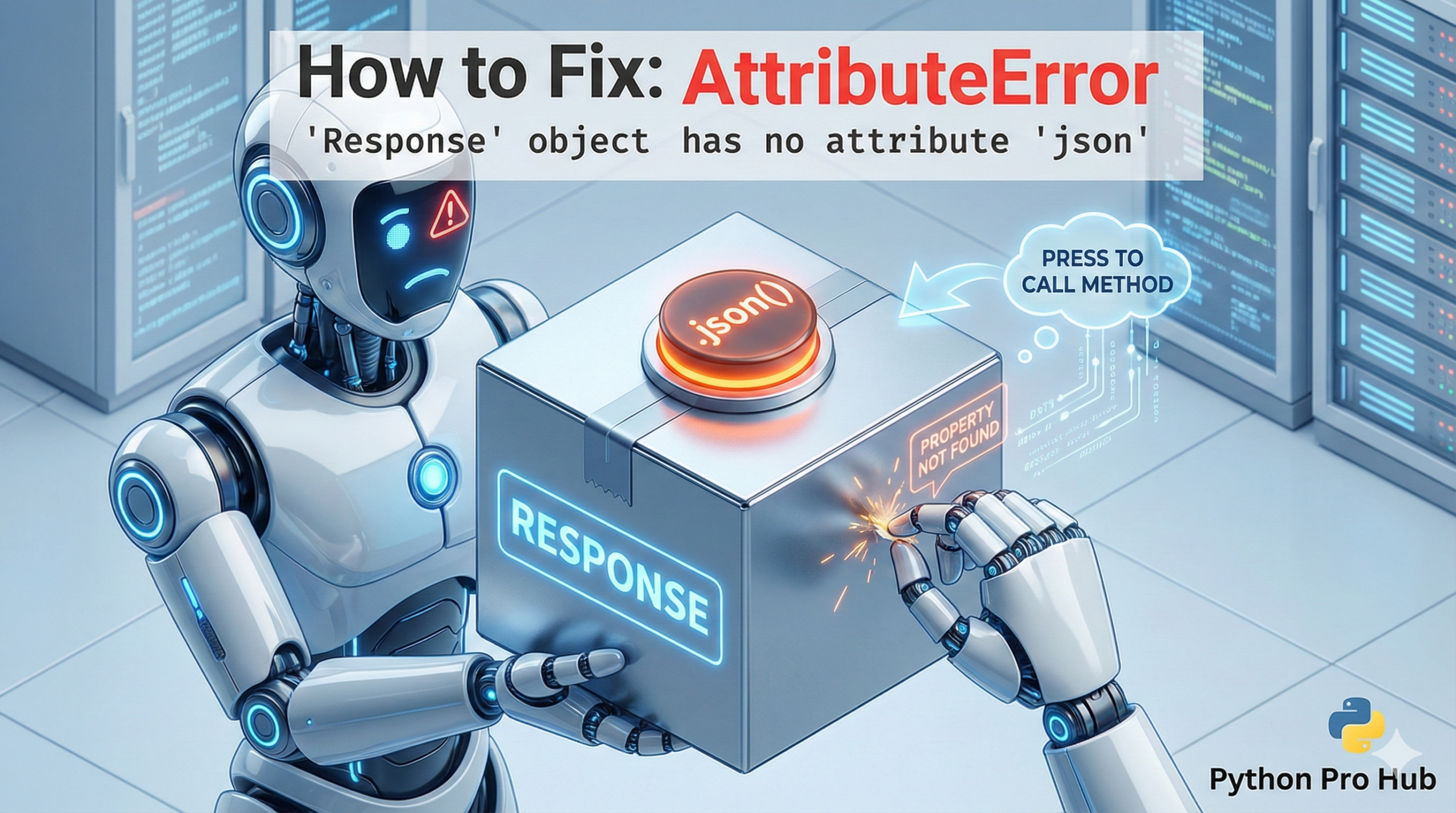 3D illustration of a robot looking for a label on a box instead of pressing the button, representing the missing parentheses on the json method.
