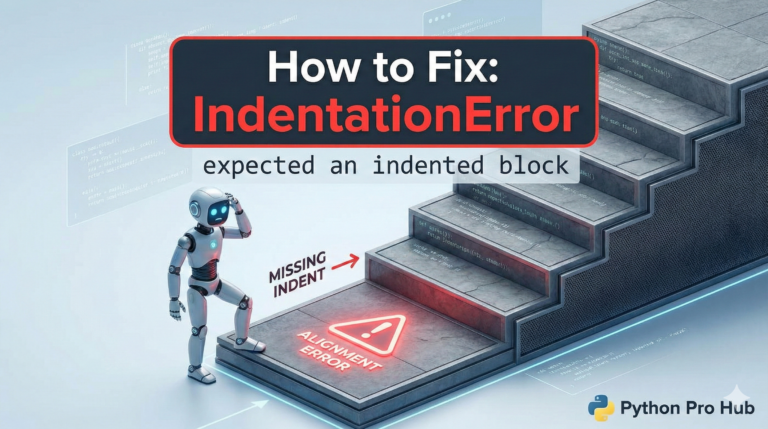 3D illustration of a staircase with a missing first step causing a robot to stop, representing the expected indented block error.