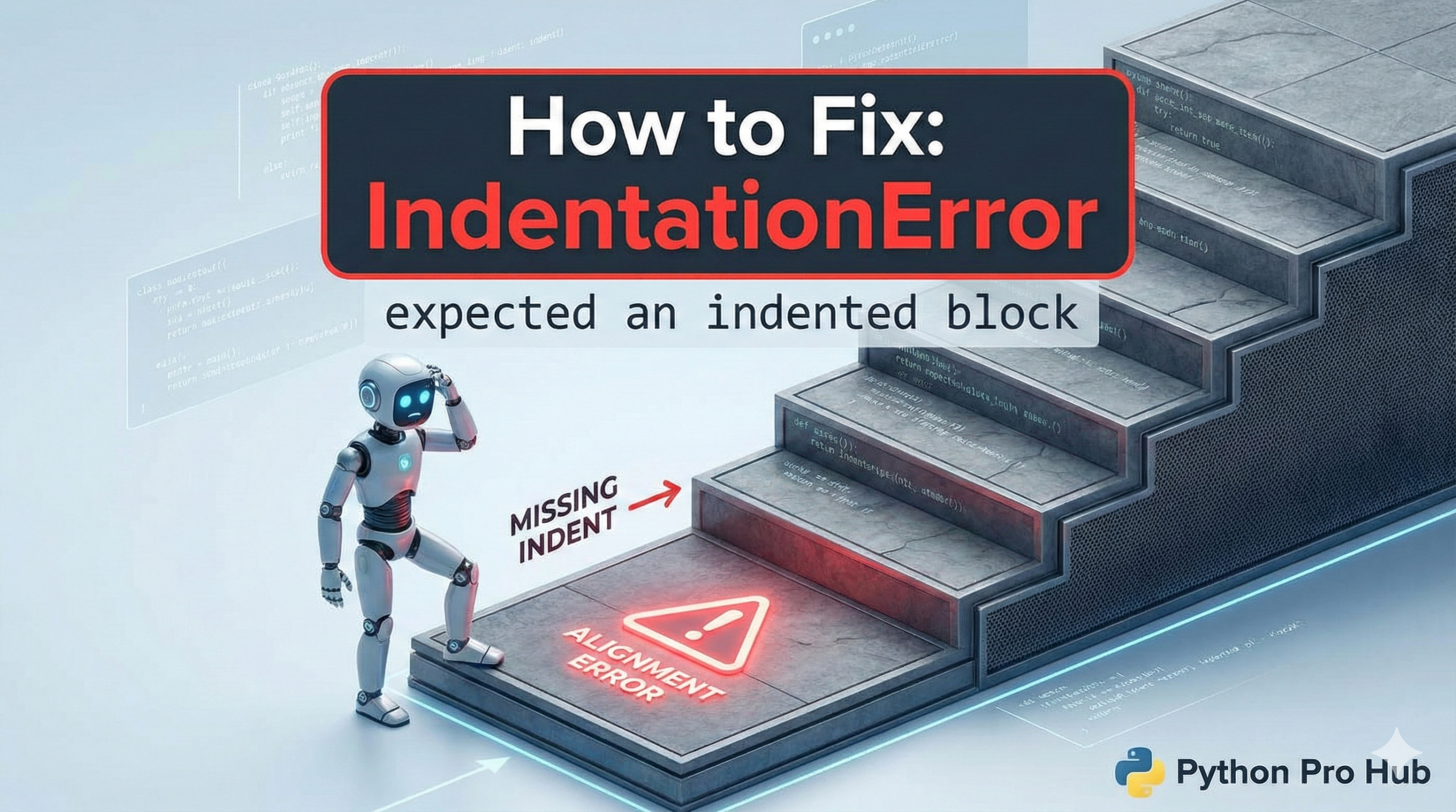 3D illustration of a staircase with a missing first step causing a robot to stop, representing the expected indented block error.