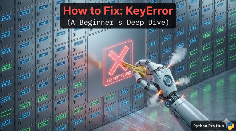 3D illustration of a robot trying to insert a key labeled 'address' into a wall of lockers where that specific locker is missing, representing a KeyError.