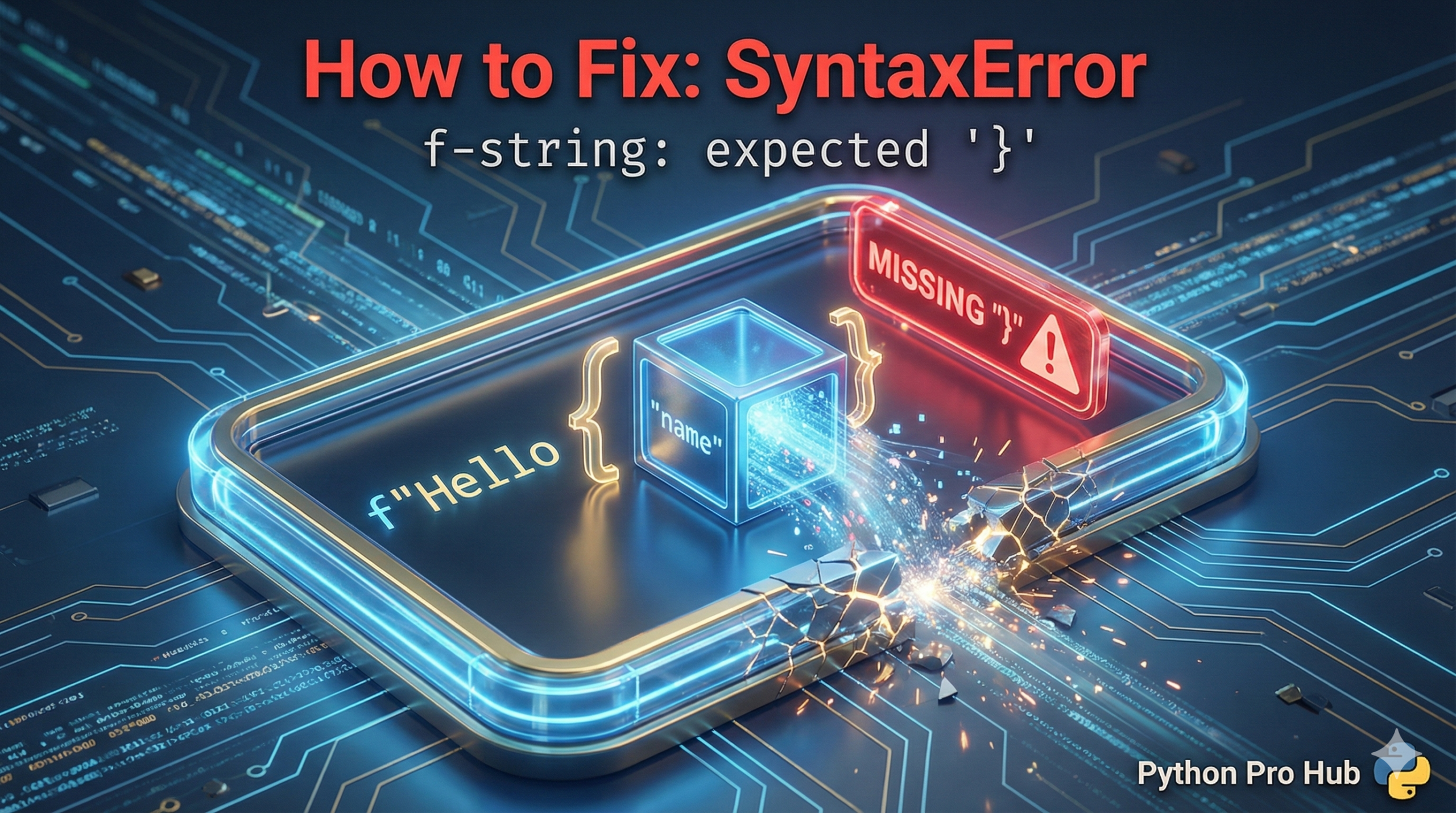 3D illustration of an f-string container spilling its contents due to a missing closing bracket, representing the syntax error.