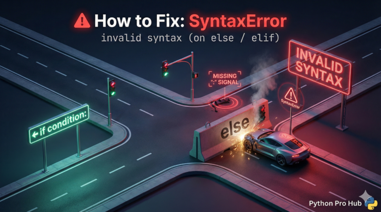 3D illustration of a car crashing at a junction barrier that is missing a signal light, representing the missing colon SyntaxError invalid syntax else.