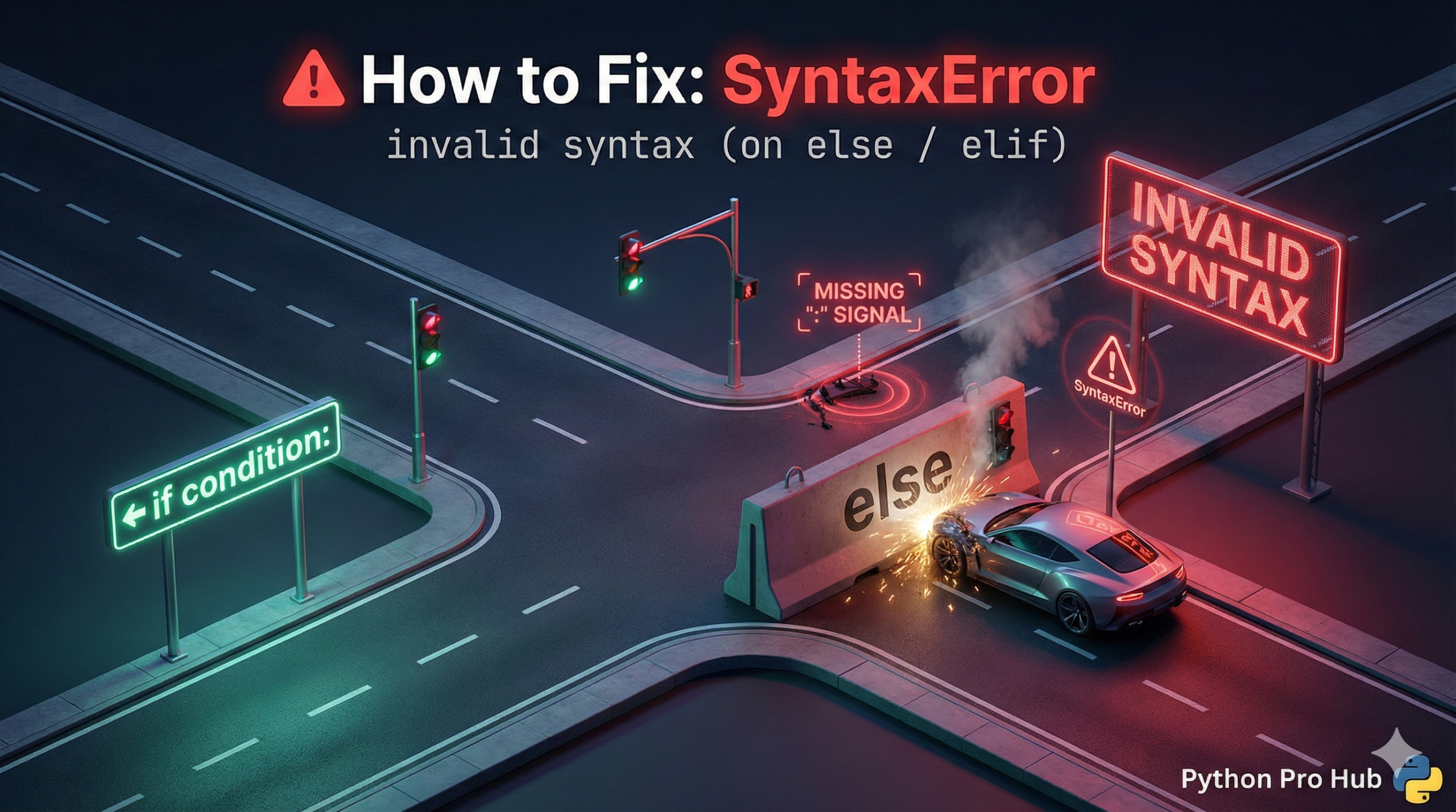 3D illustration of a car crashing at a junction barrier that is missing a signal light, representing the missing colon SyntaxError invalid syntax else.