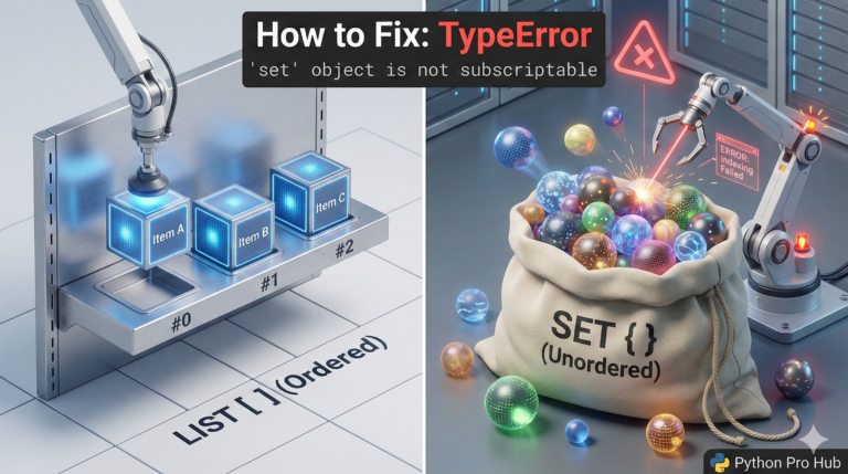 3D illustration of a robot failing to grab a specific item from a jumbled bag, representing the set not subscriptable error.