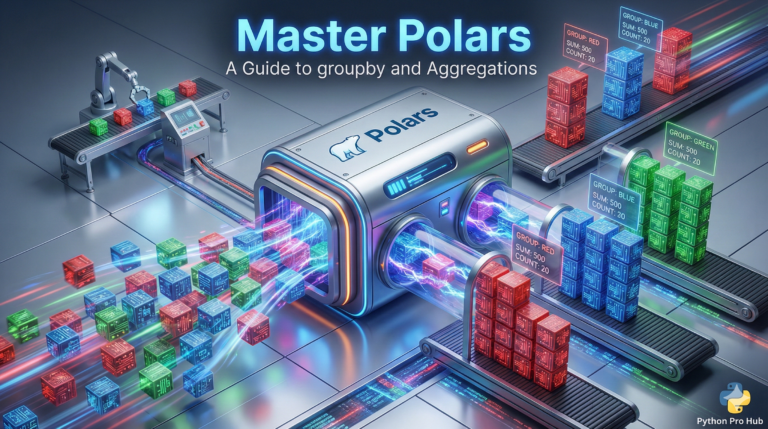 3D visualization of a Polars machine rapidly stacking colored data blocks into organized pillars, representing groupby aggregations.