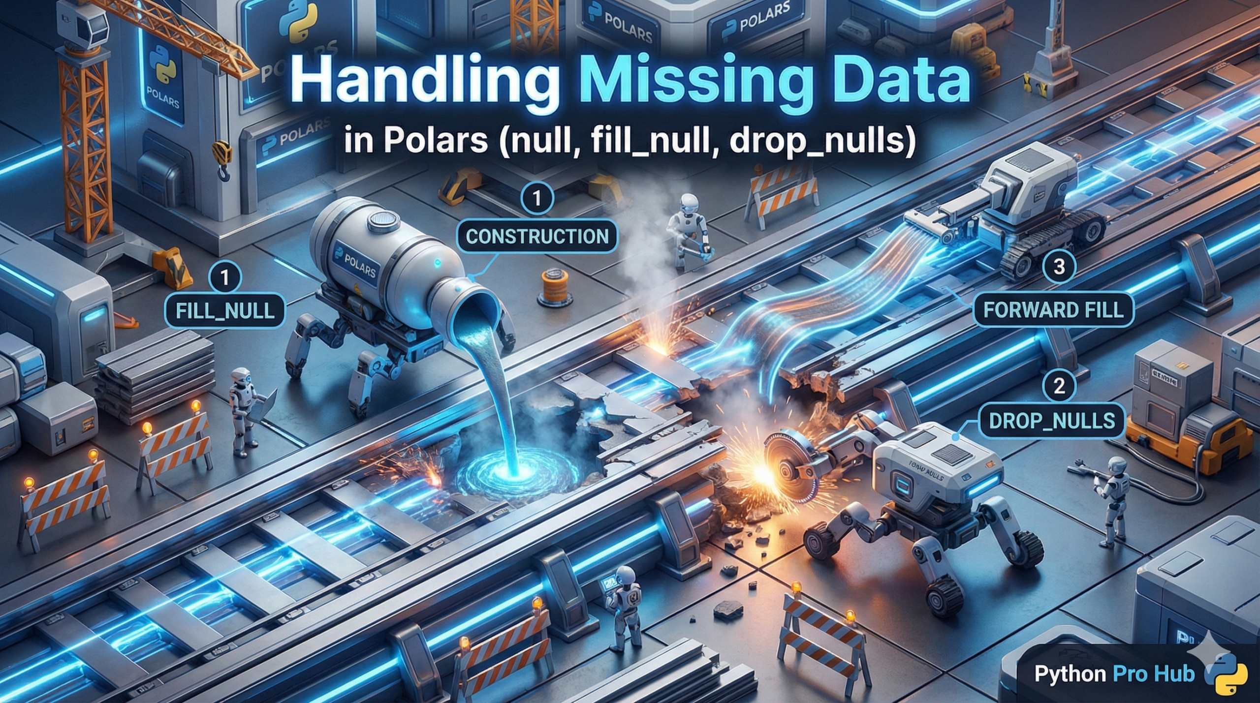 3D visualization of drones repairing gaps in a track by filling or removing them, representing Polars null handling.