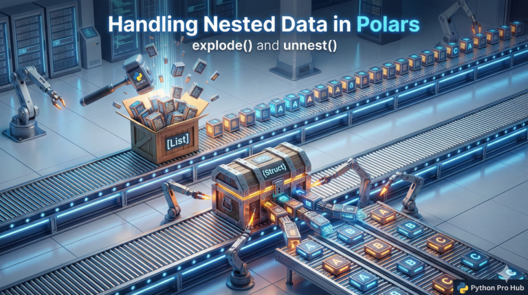 3D visualization of two conveyor belts, one bursting a list crate vertically (explode) and the other spreading a struct chest horizontally (unnest), representing Polars nested data handling.