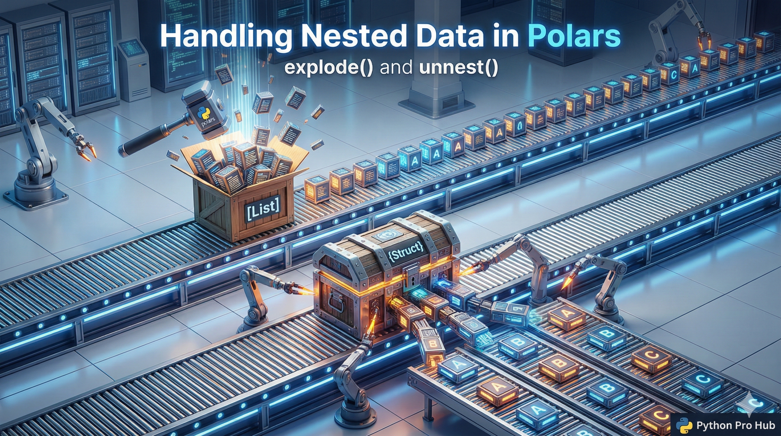 3D visualization of two conveyor belts, one bursting a list crate vertically (explode) and the other spreading a struct chest horizontally (unnest), representing Polars nested data handling.