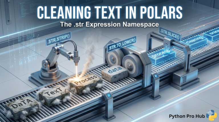 3D visualization of robotic lasers and brushes cleaning rough text blocks, representing the Polars string manipulation - Polars .str namespace.