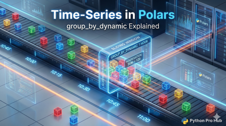 3D visualization of a sliding window frame aggregating data cubes along a timeline, representing Polars group_by_dynamic.