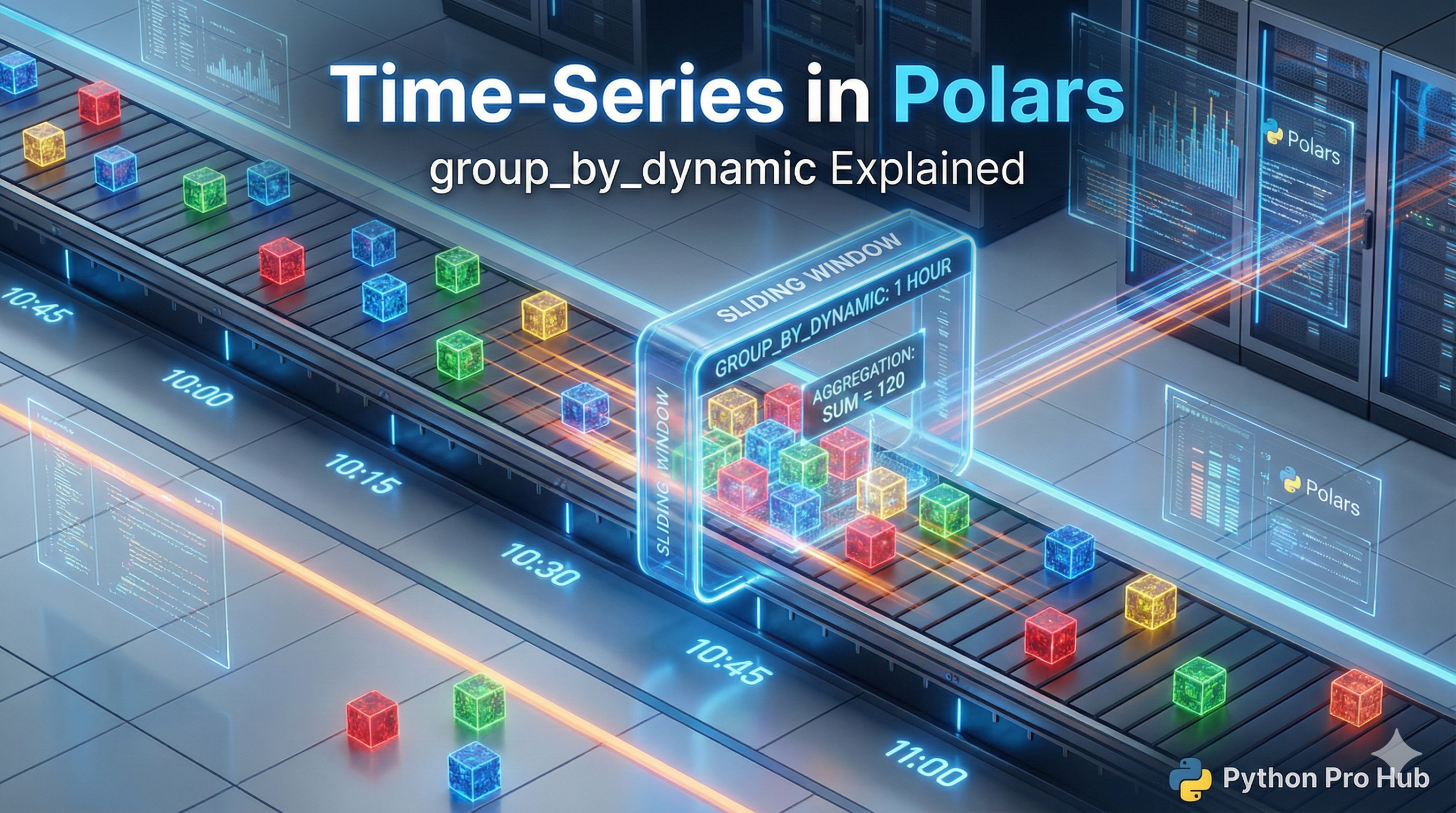 3D visualization of a sliding window frame aggregating data cubes along a timeline, representing Polars group_by_dynamic.