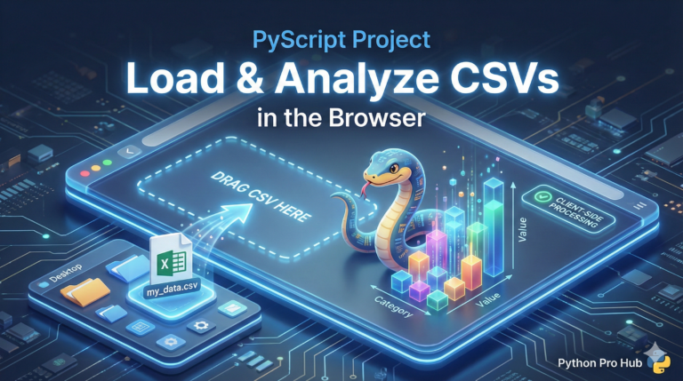 3D isometric illustration of dragging a CSV file into a browser window where PyScript instantly graphs it.