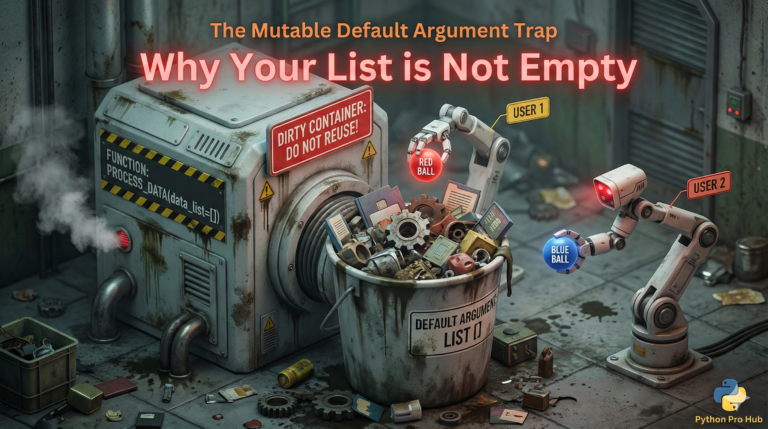 3D visualization of a machine reusing a bucket filled with leftover items, representing the Python mutable default argument trap.