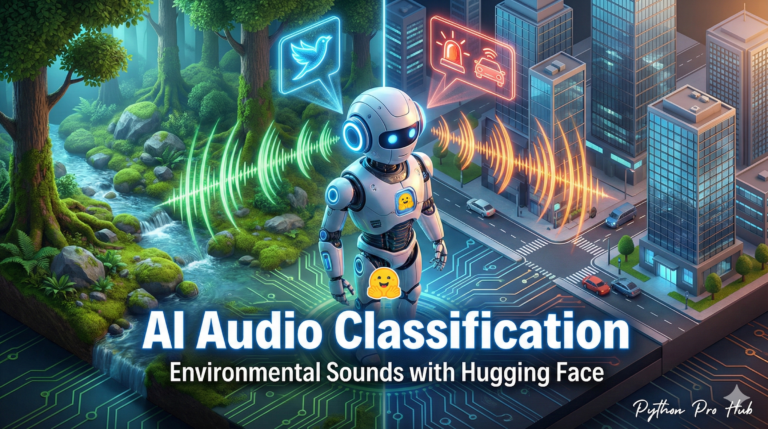 3D isometric illustration of a robot in a forest and city environment classifying sound waves into icons, representing AI audio classification.
