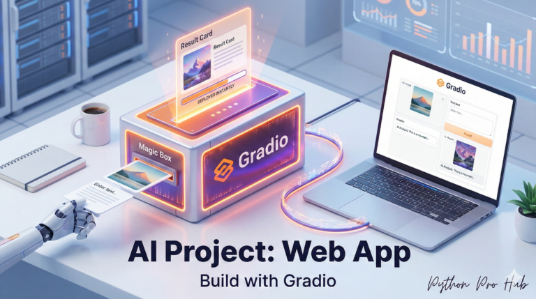 3D isometric illustration of a magic box instantly converting input to output on a laptop screen, representing a Gradio web app.