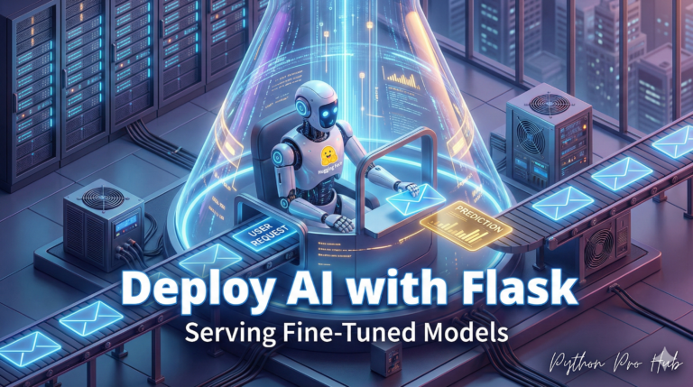 3D isometric illustration of a fine-tuned robot serving predictions from inside a Flask-shaped server booth.