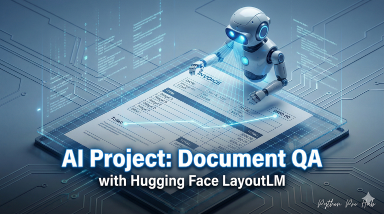 3D isometric illustration of Hugging Face Document AI analyzing the spatial layout of an invoice to connect headers to values, representing LayoutLM.