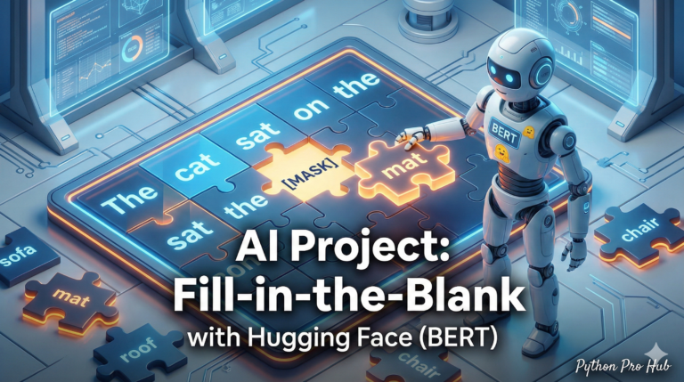 3D isometric illustration of a robot placing a puzzle piece labeled 'mat' into a sentence with a missing word, representing BERT masked language modeling.
