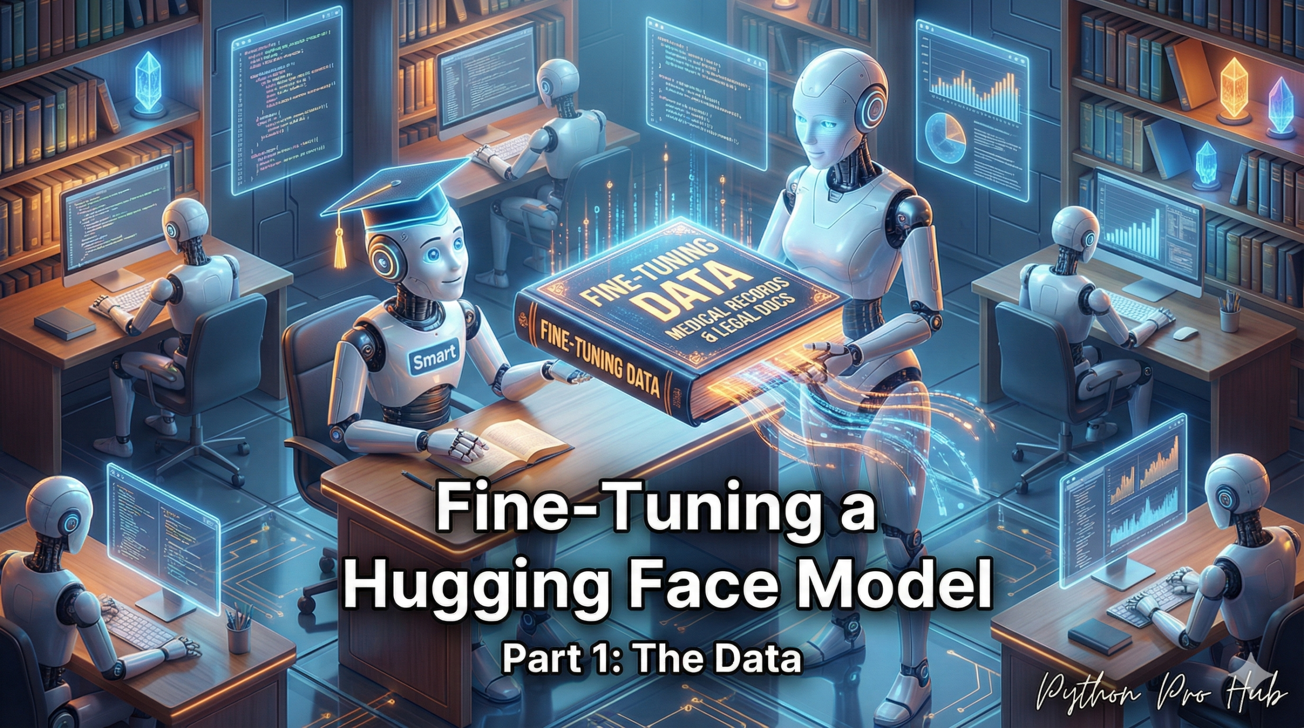 3D isometric illustration of a pre-trained robot student receiving a specialized textbook, representing the data preparation phase of fine-tuning.