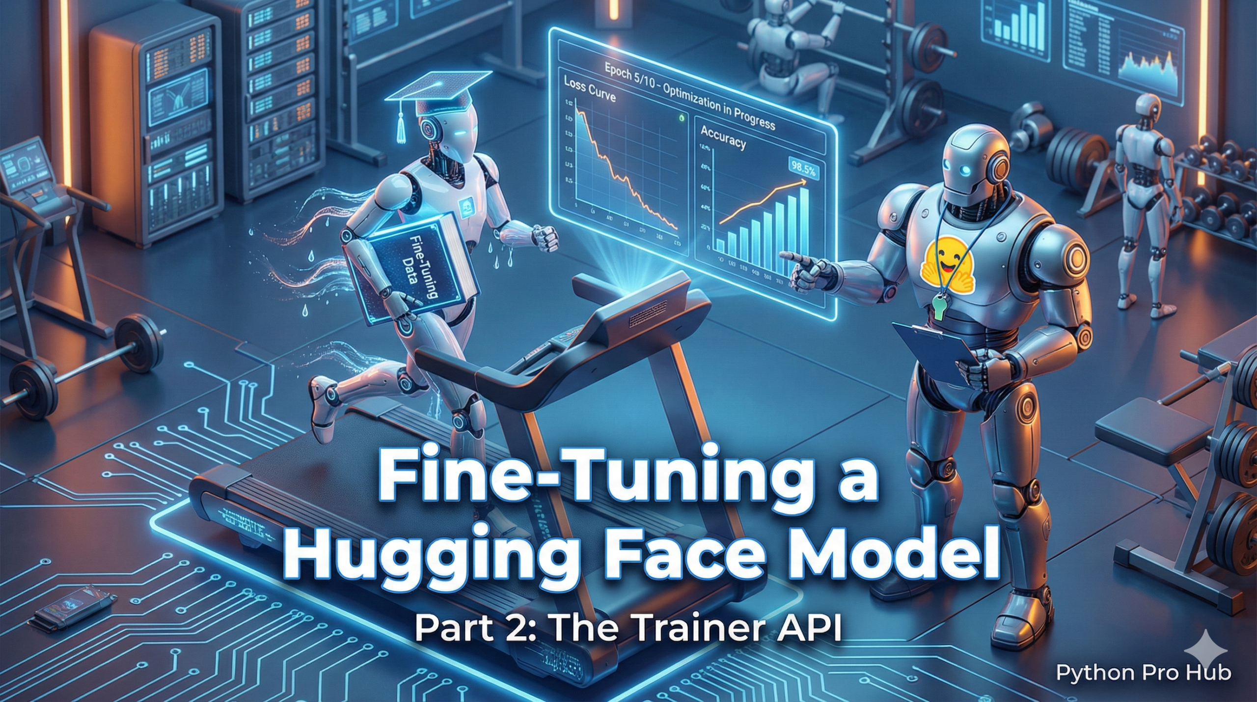 3D isometric illustration of a robot running on a treadmill with a trainer monitoring a loss curve, representing the Hugging Face Trainer API.