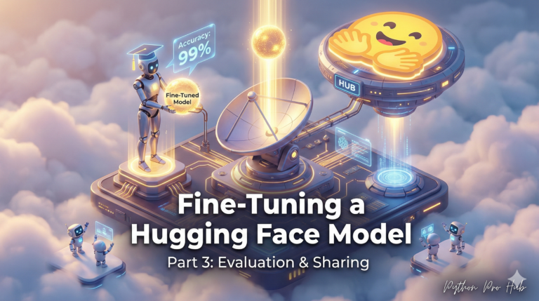 3D isometric illustration of a robot uploading a golden fine-tuned model to the Hugging Face Hub cloud station.