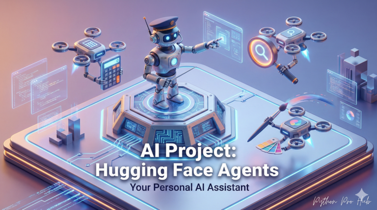 3D isometric illustration of a commander robot directing specialized tool drones, representing Hugging Face Agents.
